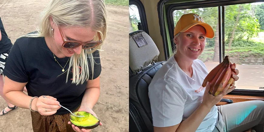 Sandra proeft lokale groenten en fruit in Tanzania